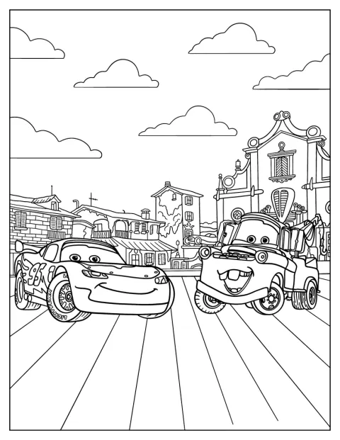 Mater står sammen med Lightning McQueen.