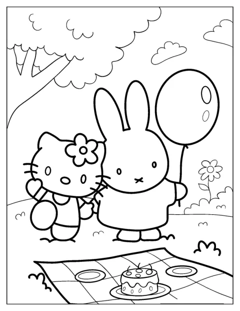 Hello Kitty und Miffy genießen gemeinsam ein Picknick im Freien.