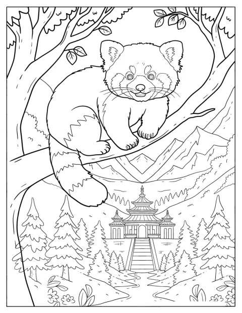 Buiten een paleis zit een rode panda op een boomtak.