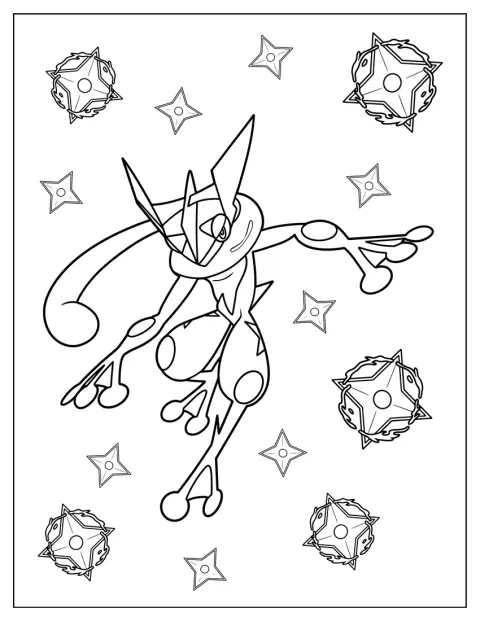Greninja staat tussen meerdere shuriken.