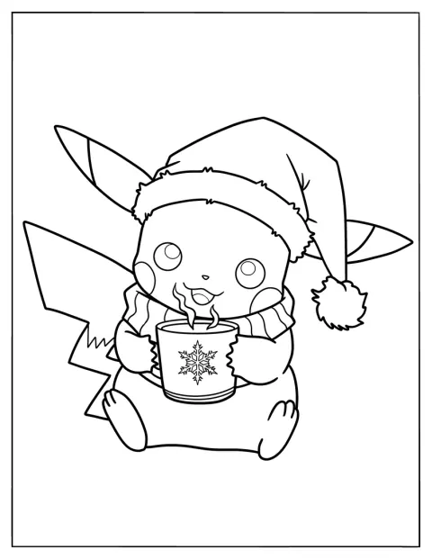 Pikachu holder en kop og drikker varm kakao.