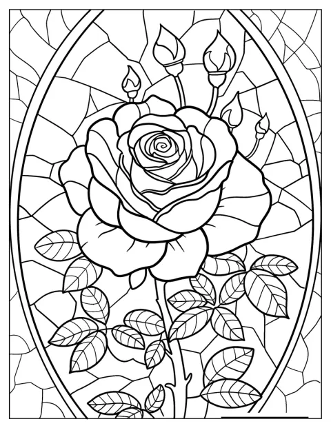 En detaljert rose pryder et mønster av glassmaleri.