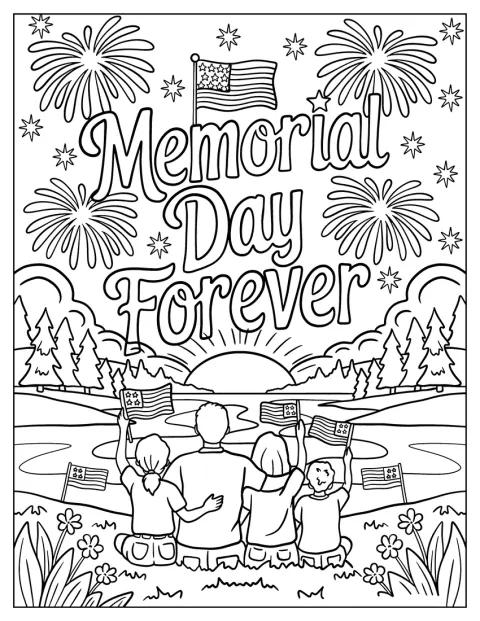 Rodzina z flagami ogląda fajerwerki pod napisem „Memorial Day Forever”.