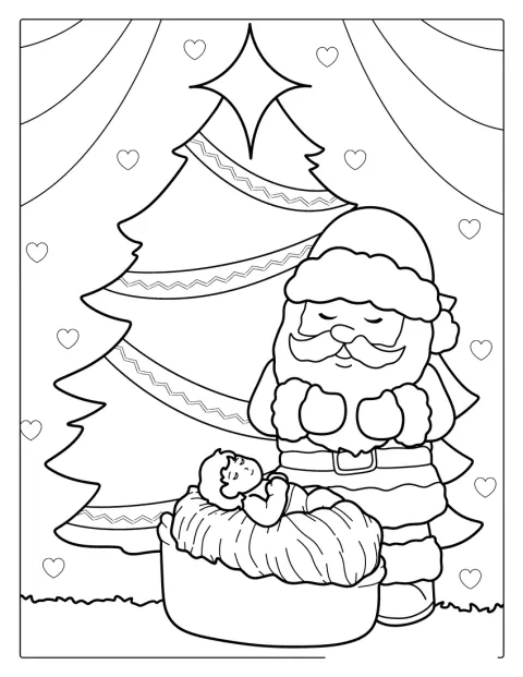 O Pai Natal está junto do Menino Jesus e de uma árvore de Natal.