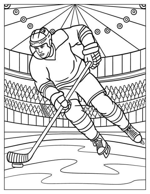 Un giocatore di hockey avanza sul ghiaccio spostando il disco con il bastone.