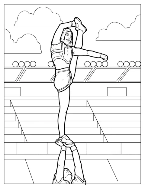 Uma animadora faz uma acrobacia de cheerleading com um arco e uma flecha.