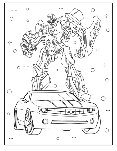 Bumblebee staat afgebeeld naast een Camaro.