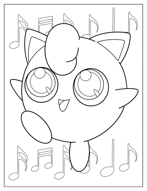 Jigglypuff śpiewa, a wokół niego unoszą się nuty.