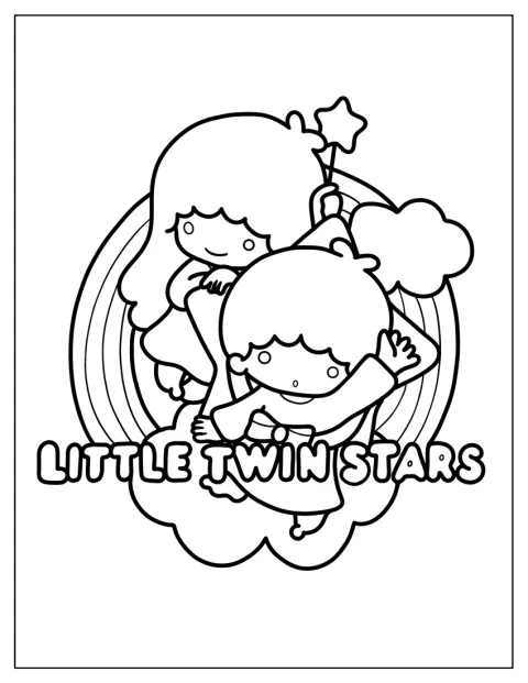 Logo Little Twin Stars zdobí postavičky a hvězdičky.