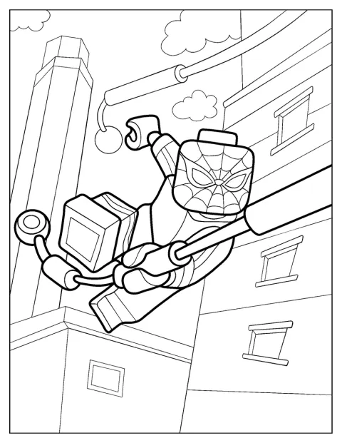 Spider-Man Lego baloiça preso a uma teia entre edifícios.