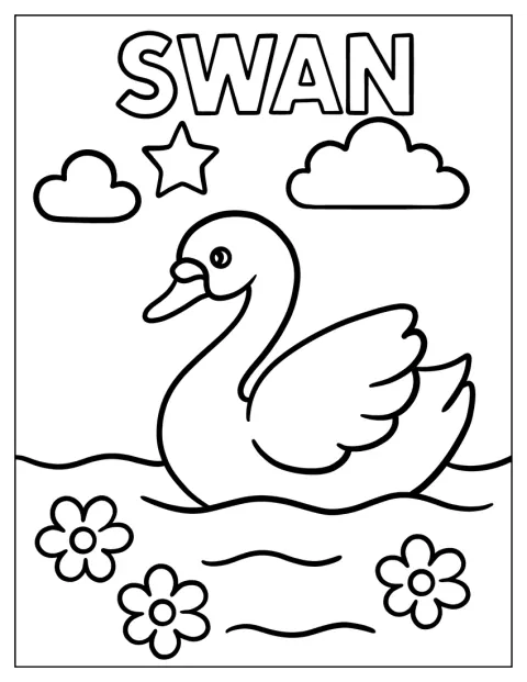 En enkel svan står bland blommor och moln med text intill.