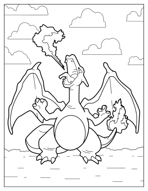 Charizard zboară pe cer și suflă un jet de foc.