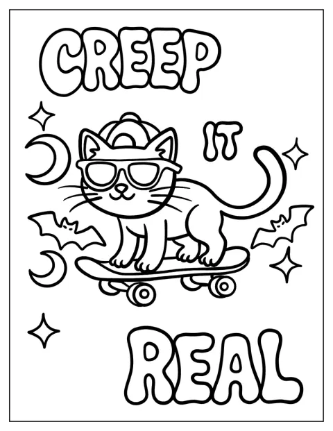 En katt med solglasögon åker skateboard medan fladdermöss flyger omkring.