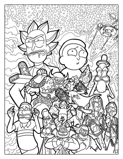 Rick und Morty stehen gemeinsam mit weiteren Figuren aus der Serie da.