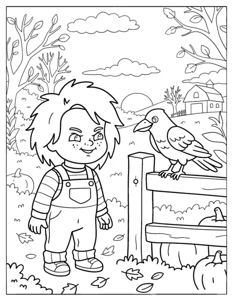 Chucky stoi obok kruka i z nim rozmawia.