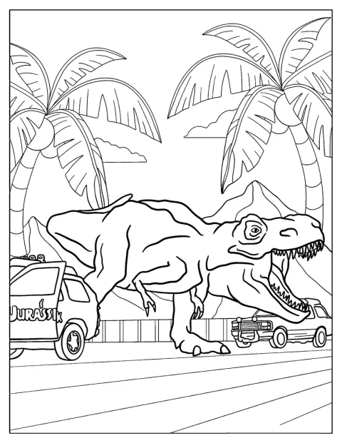En T-Rex fra Jurassic Park bryder ud af sin indhegning.