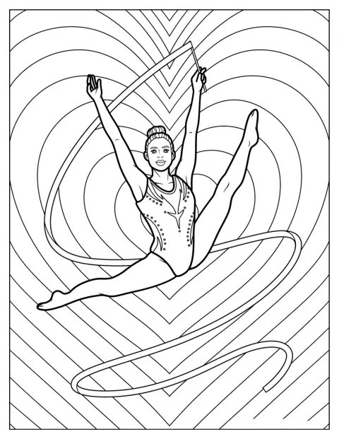 Una ginnasta ritmica esegue un salto divaricato, facendo volteggiare il nastro a cuori.