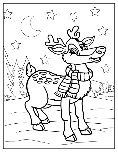 Rudolph trägt einen Schal und steht unter dem funkelnden Nachthimmel.