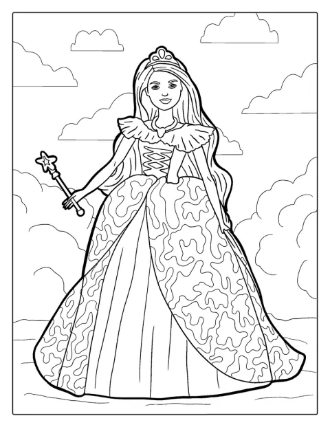 Barbie står som prinsesse og holder sin tryllestav i hånden.