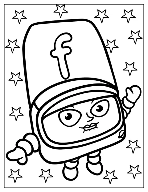 Sterne umgeben den niedlichen Buchstaben F im Cartoon-Stil.