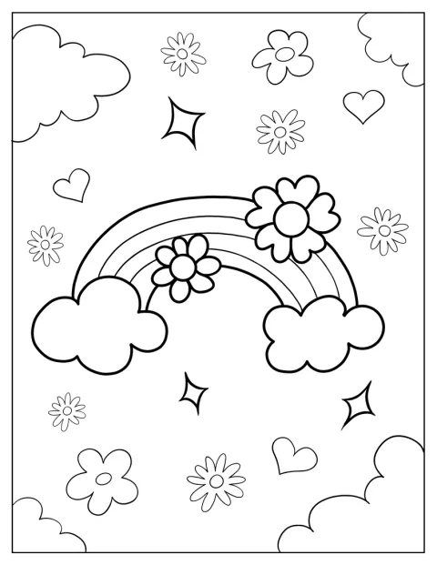 Spring Coloring Page Rainbow With Flowers For Preschoolers
