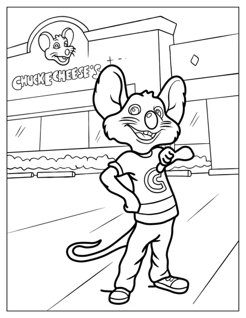 Vor einem Geschäft steht Chuck E. Cheese.
