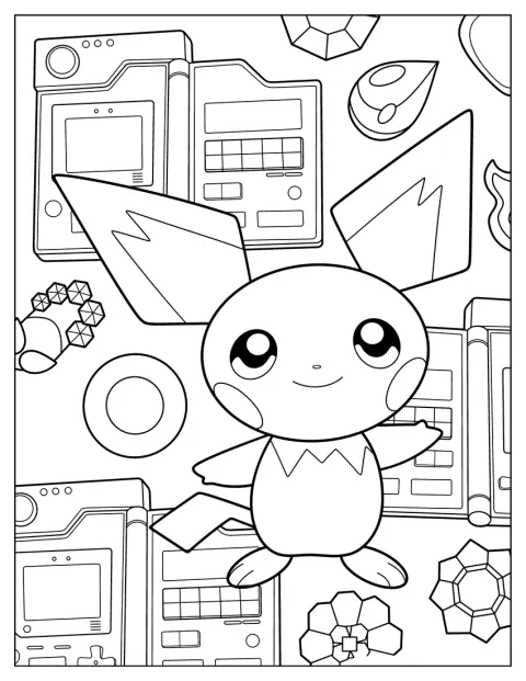 Pichu sonríe delante de una Game Boy.