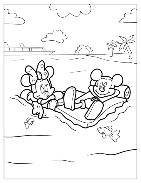 Micky Maus und Minnie Maus treiben gemeinsam auf einer Luftmatratze im Meer am Strand.