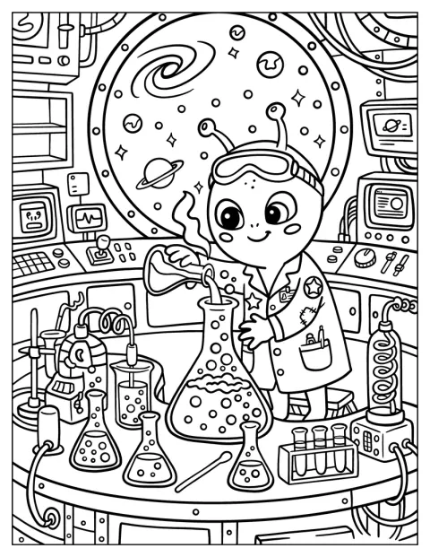 Un alienígena científico trabaja en un laboratorio situado en el espacio.