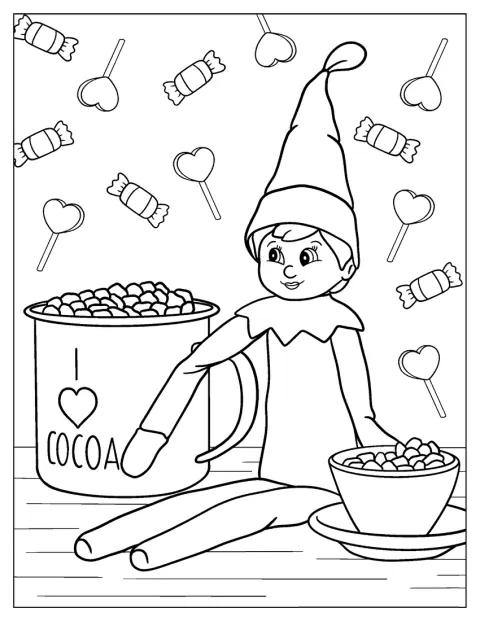 Elf on the Shelf je obklopený cukrovím a hrnkem kakaa.
