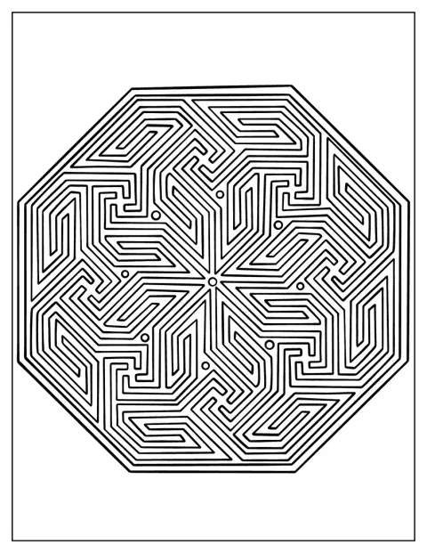 Un intrincado laberinto de líneas y octágonos llena la imagen.