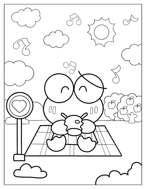 Keroppi disfruta de una taza de té en plena naturaleza.