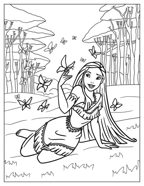Pocahontas si trova all'aperto in un campo.