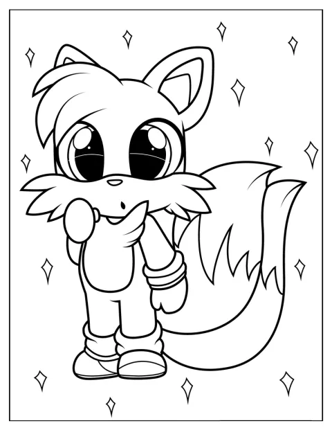 Tails aparece con un aspecto kawaii y una expresión alegre.
