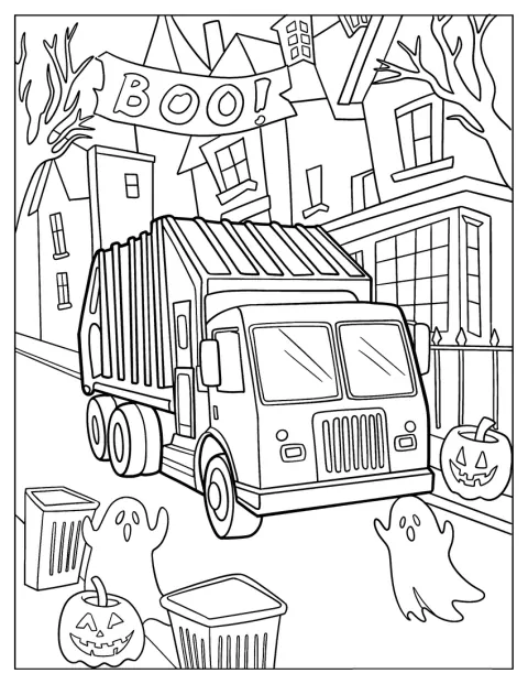 En halloweenpyntad sopbil åker bland spöken och pumpor.