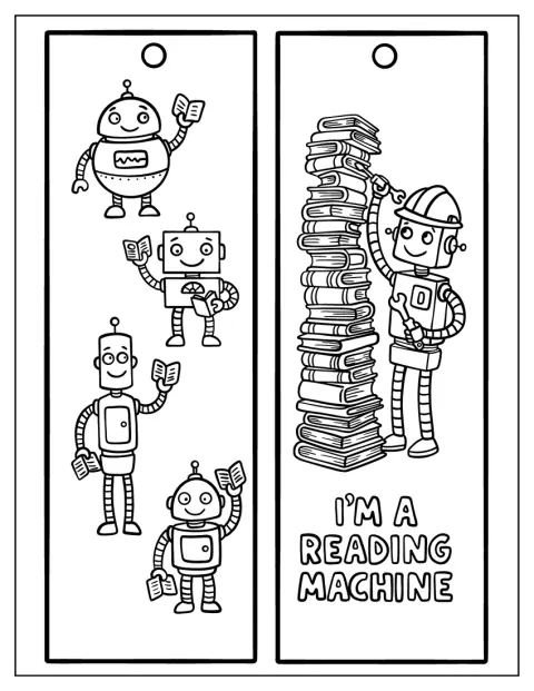 Robots lezen boeken en staan naast een hoge stapel boeken.