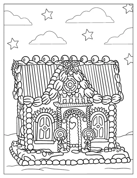 Uma casa de gengibre detalhada está coberta de doces e decorações festivas.