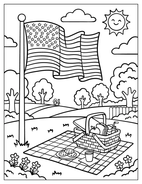 Boven een picknick in een zonnig park wappert de Amerikaanse vlag.
