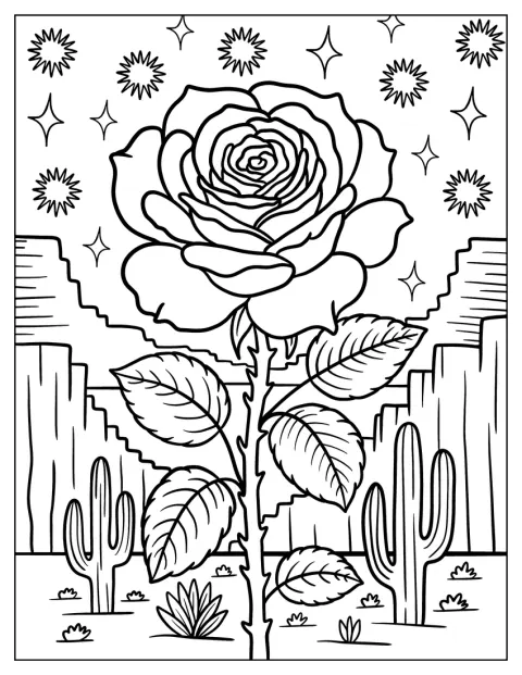 Una rosa florece en el desierto, con cactus al fondo.