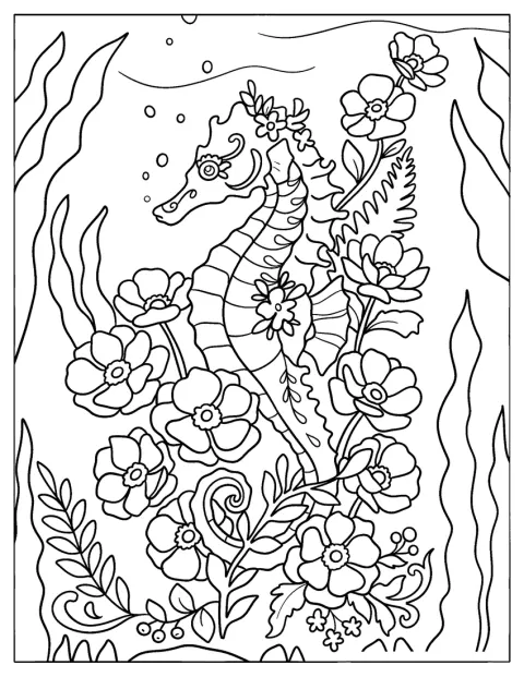 Blomster dekker en vakker sjøhest under vann.