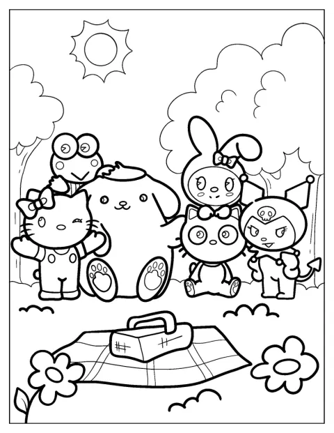 Postavičky Sanrio odpočívají společně při pikniku venku.
