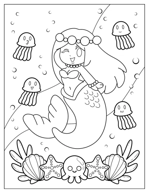 Uma sereia nada debaixo de água, acompanhada por medusas.