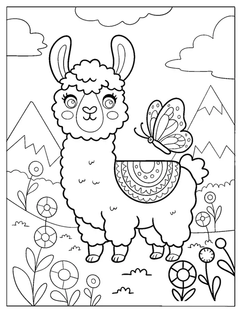 En lama møder en sommerfugl på en blomsterrig eng mellem bjergene.