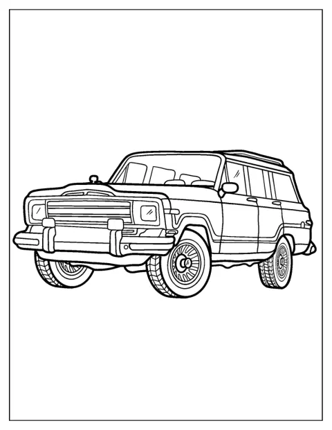 Jeep Wagoneer je zobrazen z boku v jednoduchém obrysu.