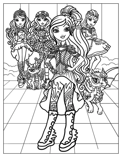 Raven Queen、Apple White、Darling Charmingがドラゴンたちと一緒にいます。
