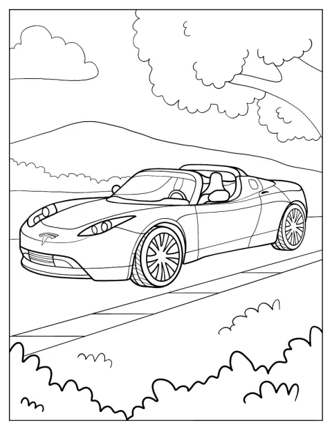 Un Tesla Roadster decapotabil stă pe loc, cu plafonul coborât.