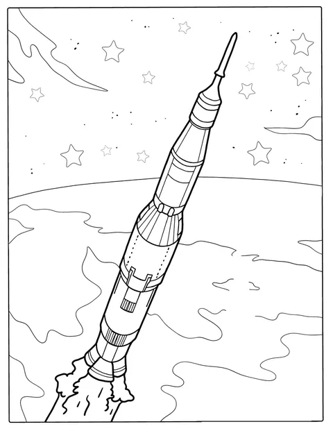 Racheta NASA Saturn V zboară prin spațiu, printre stele.
