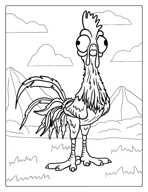 Hei Hei, das Huhn, steht mit aufgerissenen Augen da.