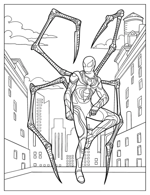 Iron Spider-Man balanciert auf seinen ausgefahrenen Greifarmen.