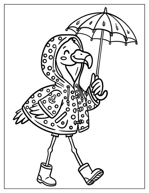 Um flamingo usa um impermeável às bolinhas e segura um guarda-chuva.